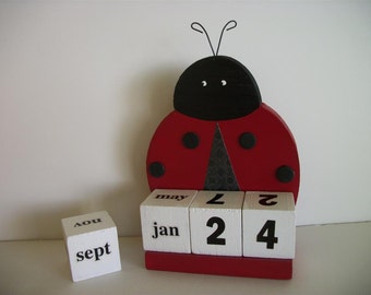 Ladybug Calendar Perpetual Wood Block Red Ladybug Decor