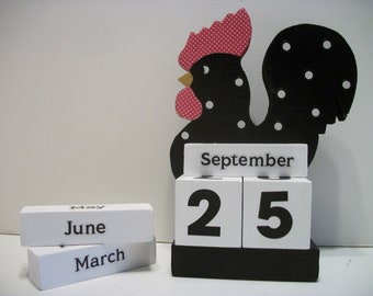 Rooster Calendar Perpetual Wood Block Rooster Chicken Decor