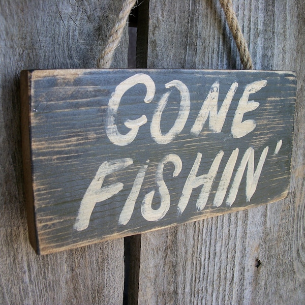Gone Fishing Sign Black Distressed Rustic Primitive Wood Wall Hanging Fathers Day Fishing Decor