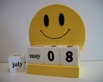 Happy Face Calendar Perpetual Wood Block Yellow Happy Face Retro Decor