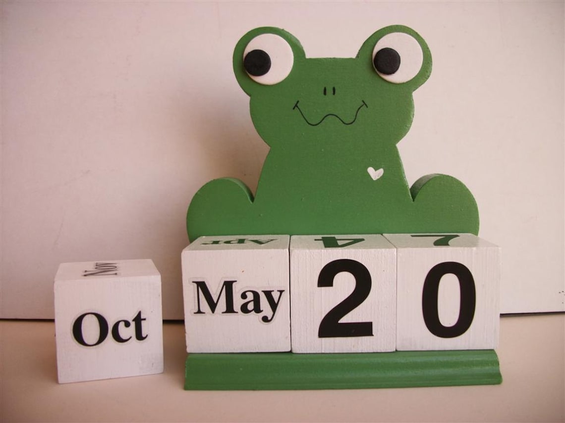 Frog Calendar Perpetual Wood Block Green Etsy