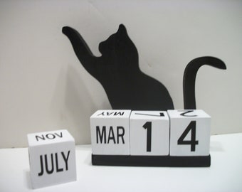 Cat Perpetual Wood Block Calendar Black Silhouette Cat