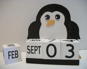 Penguin Calendar Perpetual Wood Block Penguin Decor Black White