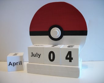 Pokeball Inspired Calendar Perpetual Wood Block Red White Black Ball