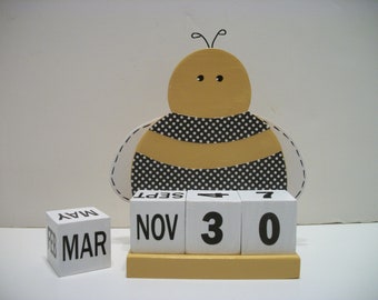 Yellow Bee Calendar Perpetual Wood Block Bumble Bee Decor Teacher Gift