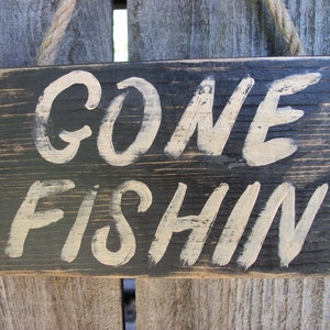 Gone Fishing Sign Black Distressed Rustic Primitive Wood Wall Hanging Fathers Day Fishing Decor image 4