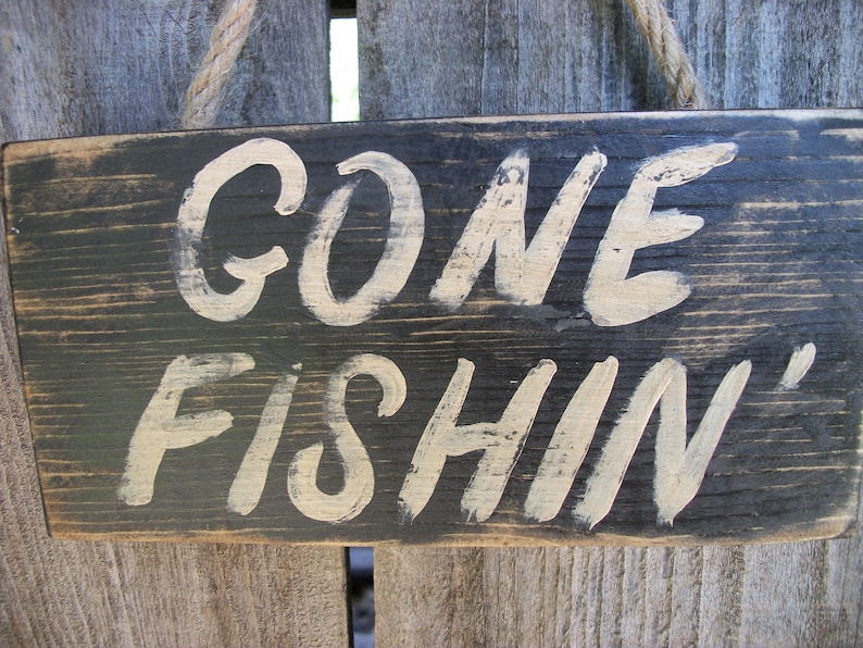 Gone Fishing Sign Black Distressed Rustic Primitive Wood Wall Hanging Fathers Day Fishing Decor image 4