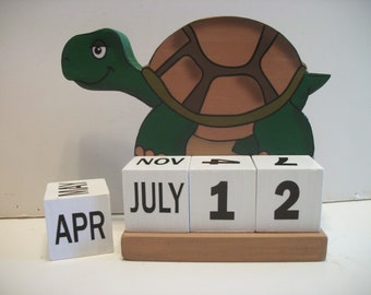 Turtle Calendar Perpetual Wood Block Green Turtle Decor