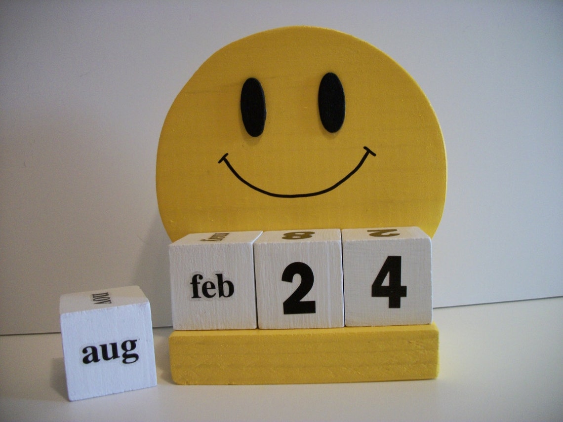Happy Face Calendar Perpetual Wood Block Yellow Happy Face Etsy