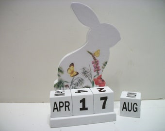 Bunny Rabbit Calendar Perpetual  Wood Block Floral Rabbit Decor