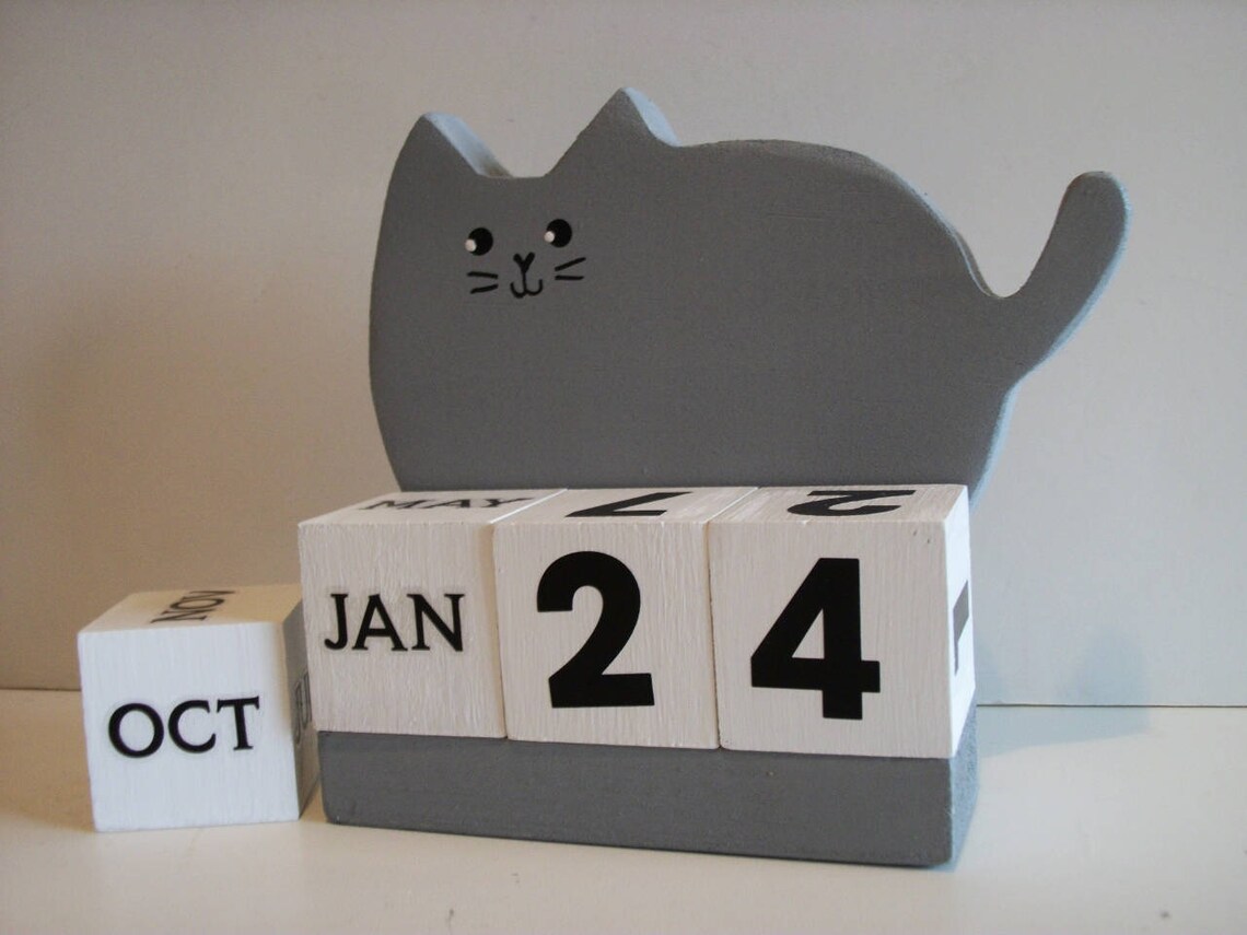 Cat Perpetual Wood Block Calendar Fat Grey Cat Etsy