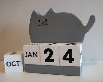 Cat Perpetual Wood Block Calendar Fat Grey Cat