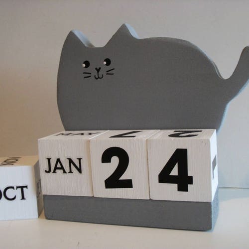 Cat Perpetual Wood Block Calendar Fat Grey Cat Etsy Cat Perpetual Wood Block Calendar Fat Grey Cat Etsy