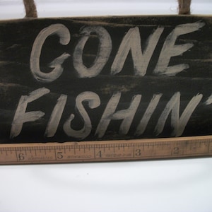 Gone Fishing Sign Black Distressed Rustic Primitive Wood Wall Hanging Fathers Day Fishing Decor image 6