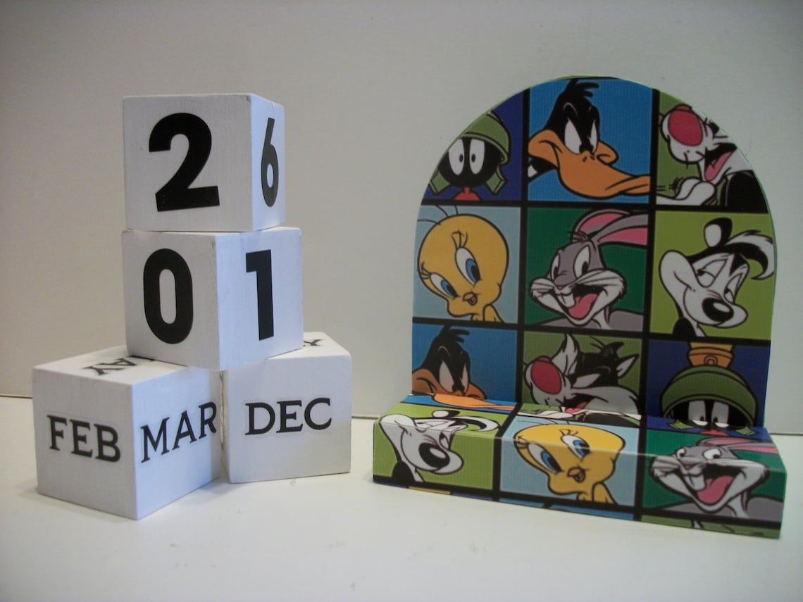 Looney Tunes Inspired Calendar Perpetual Wood Block Character Etsy