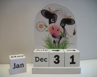 Cow Calendar Perpetual Wood Block Calendar Black and White Cow