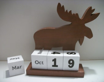Moose Calendar Perpetual  Wood Block Brown Moose Decor