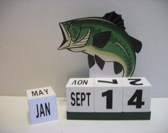 Bass Fish Calendar Perpetual Wood Block Large Mouth Bass Decor