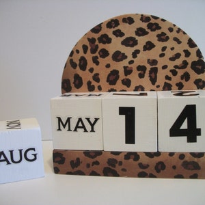 Leopard Calendar Perpetual Block Calendar Round Wood Brown Tan Leopard Theme Decor image 1