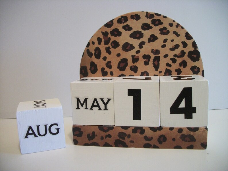Leopard Calendar Perpetual Block Calendar Round Wood Brown Tan Leopard Theme Decor image 1