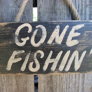 Gone Fishing Sign Black Distressed Rustic Primitive Wood Wall Hanging Fathers Day Fishing Decor image 2