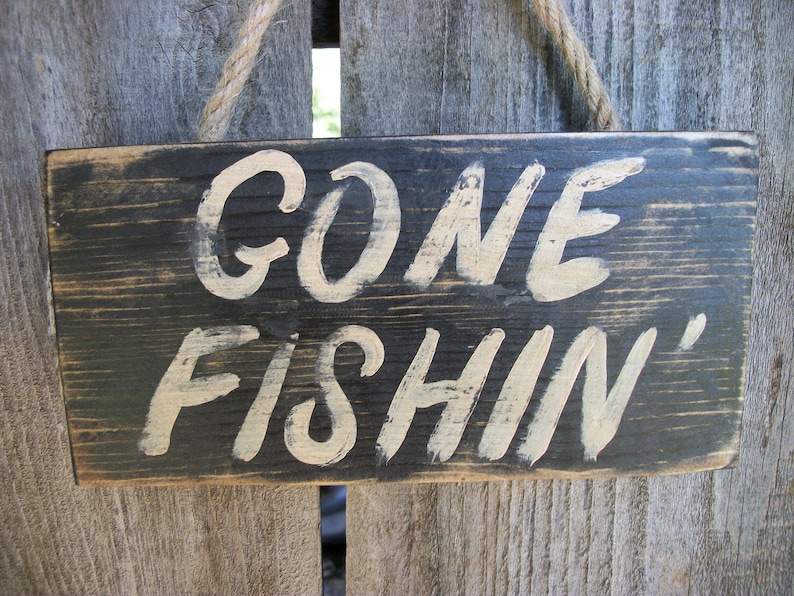 Gone Fishing Sign Black Distressed Rustic Primitive Wood Wall Hanging Fathers Day Fishing Decor image 2