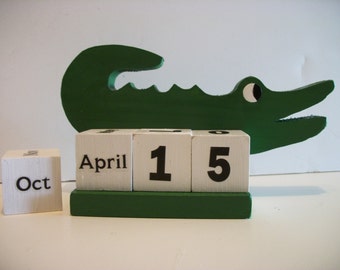 Alligator Calendar Perpetual Wood Block Green Alligator Decor