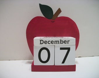 Apple Calendar Perpetual Wood Block Red Apple Decor Teacher Gift