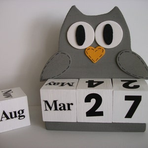 Owl Calendar Perpetual Wood Block Grey Owl Decor