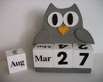 Owl Calendar Perpetual Wood Block Grey Owl Decor