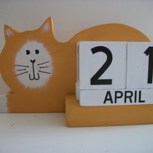 Cat Calendar Perpetual Wood Block Yellow Gold Cat Decor