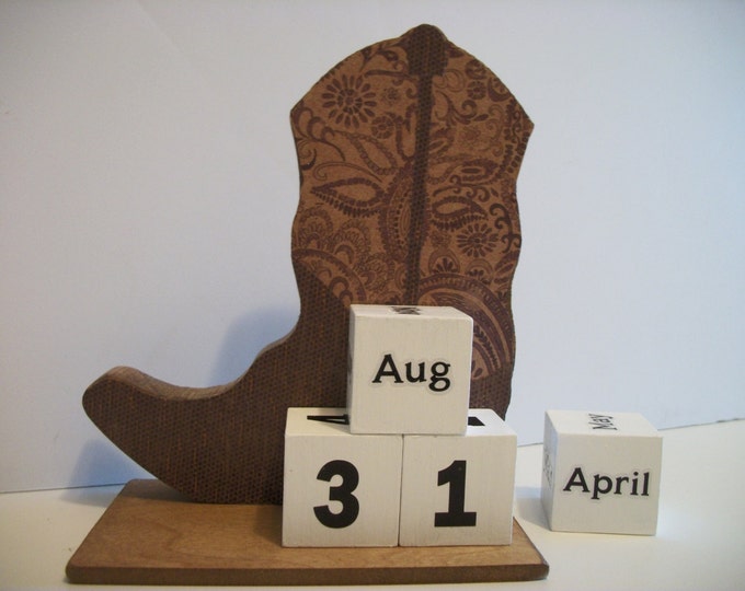 Cowboy Boot Calendar Perpetual Wood Block Calendar Brown Cowboy Boot