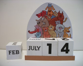 Cats and Dogs Calendar Perpetual Block Calendar Wood Dog and Cat Decor