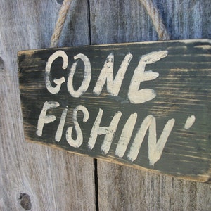 Gone Fishing Sign Black Distressed Rustic Primitive Wood Wall Hanging Fathers Day Fishing Decor image 3