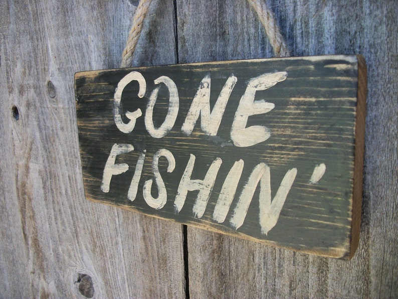 Gone Fishing Sign Black Distressed Rustic Primitive Wood Wall Hanging Fathers Day Fishing Decor image 3