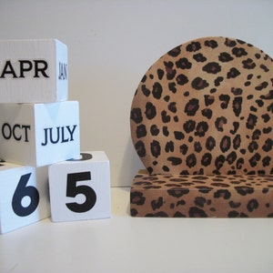 Leopard Calendar Perpetual Block Calendar Round Wood Brown Tan Leopard Theme Decor image 2