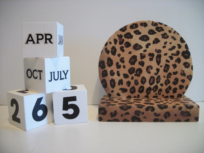 Leopard Calendar Perpetual Block Calendar Round Wood Brown Tan Leopard Theme Decor image 2
