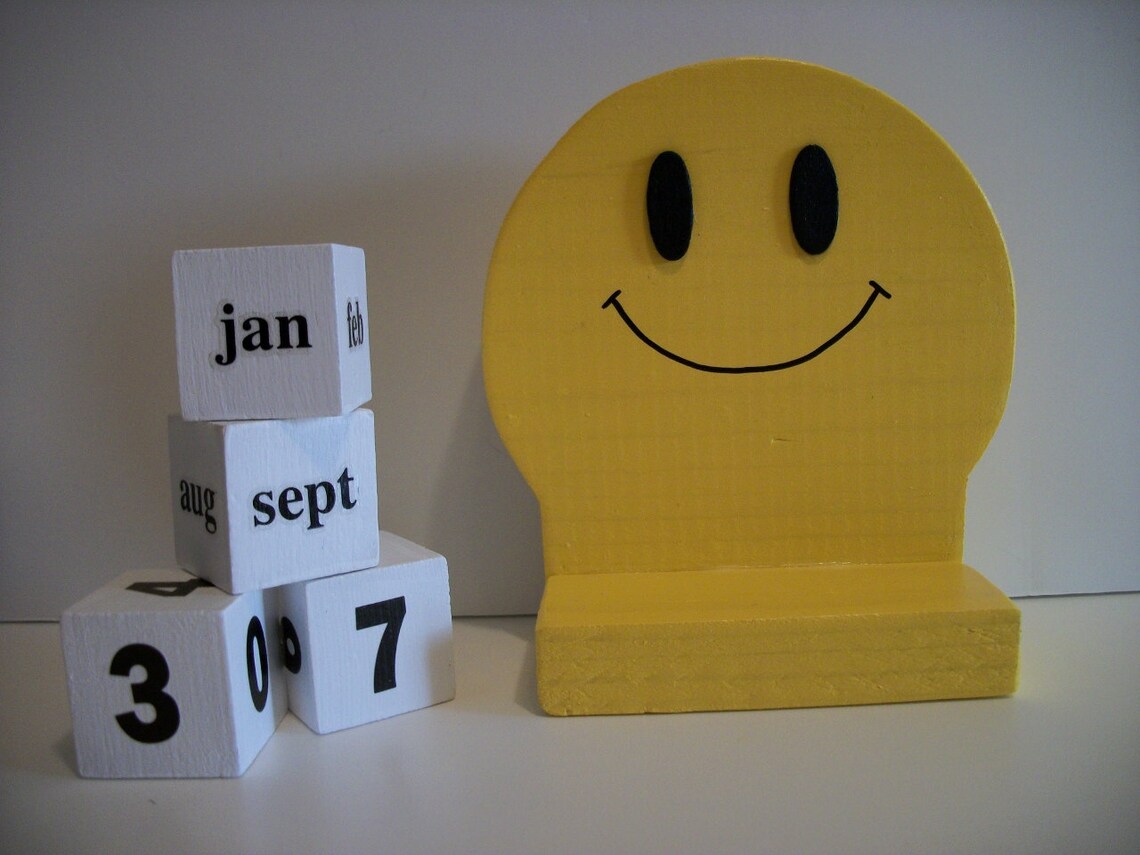 Happy Face Calendar Perpetual Wood Block Yellow Happy Face Etsy