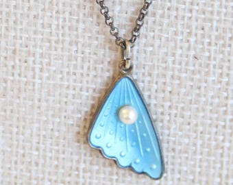 Tina Oxanger Sterling Silver Blue Enamel Pendant Necklace with Pearl