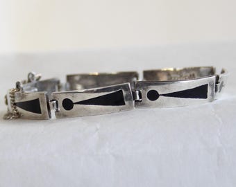 Sterling Silver Black Enamel Exclamation Point Bracelet Signed Miguel Taxco