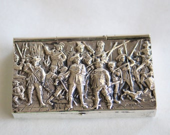 Ca 1870 Dutch Hallmarked Silver Double Sided Stamp Box - Night Watch Rembrandt Image