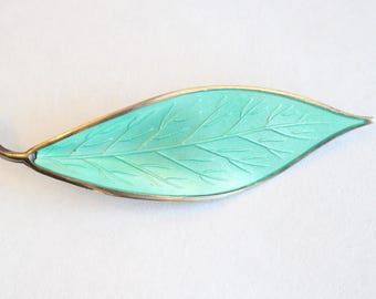 David Andersen Norway Sterling Silver Mint Green Enamel Leaf Pin