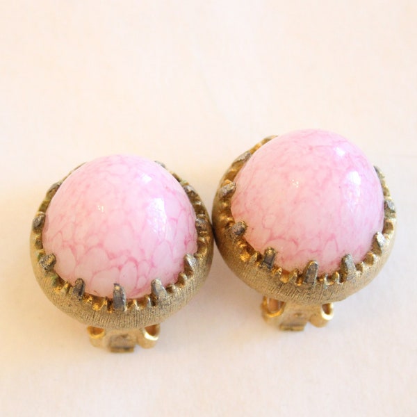 1960s Domed Pink Art Glass Clip On Earrings