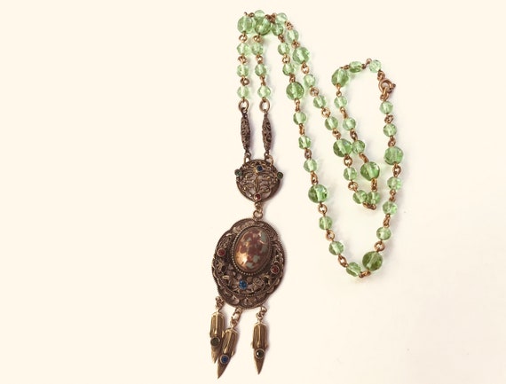 Ca 1900 Green Glass Bead Art Nouveau Necklace wit… - image 1