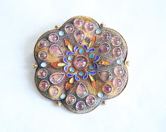 1930s Chinese Export Sterling Silver Pin with Amethysts & Enamel