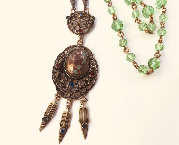 Ca 1900 Green Glass Bead Art Nouveau Necklace wit… - image 3