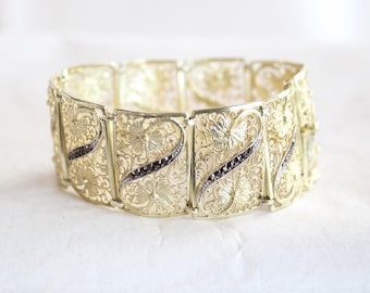 Antique Gold Washed Silver Filigree Bracelet with Marcasites