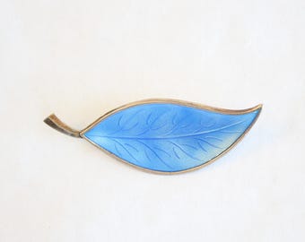 Brdr Bjerring Sterling Silver Blue Enamel Leaf Pin