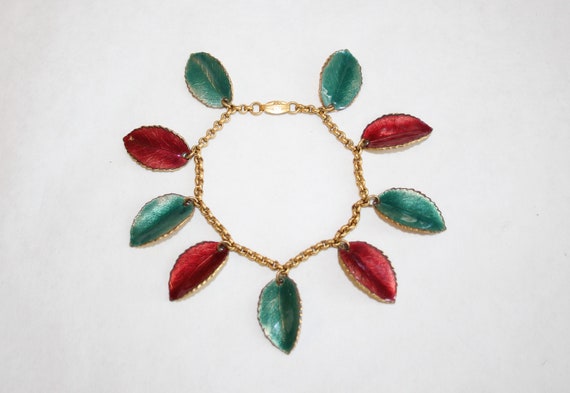 1930s Charm Bracelet with Red and Green Enamel Le… - image 1