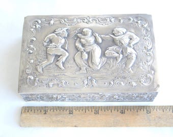 ca 1870 Repousse 800 Silver Box with Dancers & Cherubs Signed Scharer